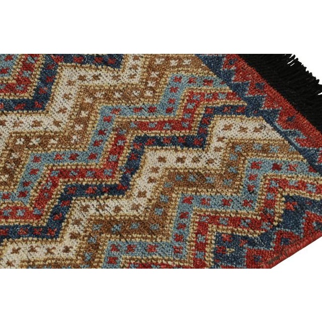 Rug & Kilim Rug & Kilim’s Twin Tribal-Inspired Rugs in Red, Blue and Beige-Brown Chevrons For Sale - Image 4 of 7