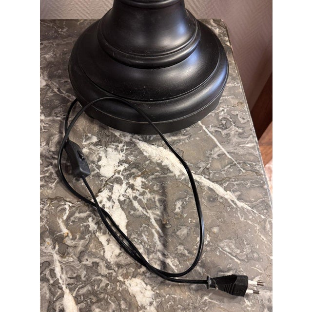 Designer lamp resembling a scientific tube, crafted from blown glass and mounted on an elegant blackened wood base. This...