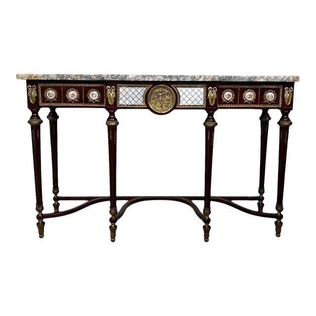 French Console Napoleon III Style Mahogany and Brass With Porcelain Plaques For Sale