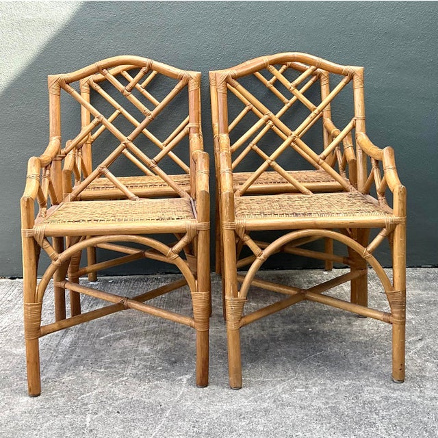 Hollywood Regency Vintage Chinese Chippendale Rattan Dining Chairs - Set of 4 For Sale - Image 3 of 12