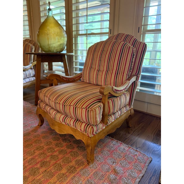 Pair of French Country Louis XV Style Bergère Lounge Chairs in Custom Multi-Stripe Upholstery For Sale - Image 4 of 8
