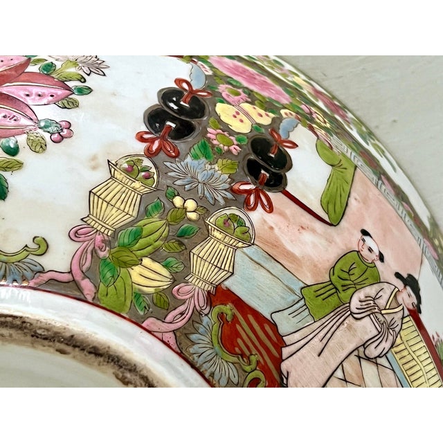 Large Old Rose Mandarin / Medallion Chinese Porcelain Export Punch Bowl, Wood Stand & Auspicious Objects & Gilt Work, Signed, 14" For Sale In Tampa - Image 6 of 15