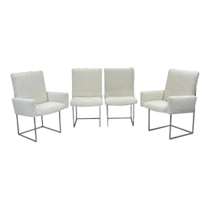 Set of 4 Milo Baughman Thin Line Dining Chairs in Ivory Boucle, 1970s
