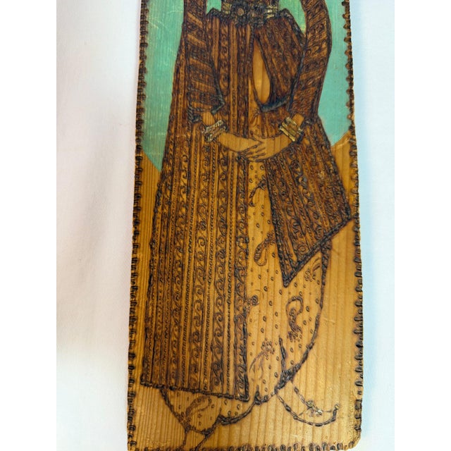 Folk Art Mid-Century Turkish Pyrography Panel of an Ottoman Lady, İstanbul Olgunlaşma Enstitüsü For Sale - Image 3 of 16
