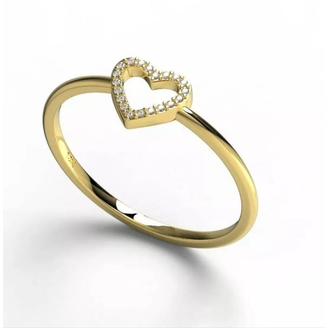 Art Deco Diamond Heart 14k Solid Gold Heart Stacking Ring Size 7 For Sale - Image 3 of 8