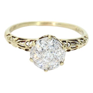 Antique 14k Yellow Gold Filigree Ring & Diamond Cluster Center - Size 7.25 For Sale