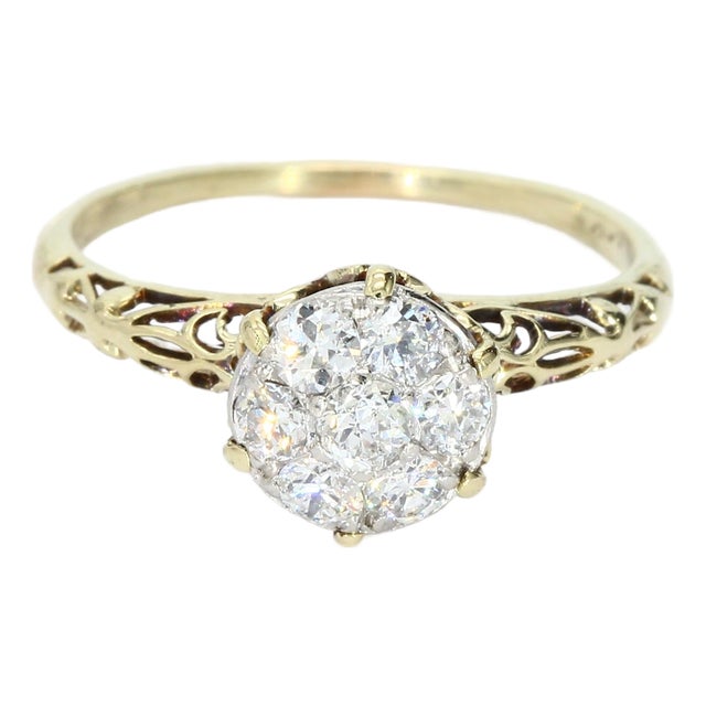 Antique 14k Yellow Gold Filigree Ring & Diamond Cluster Center - Size 7.25 For Sale
