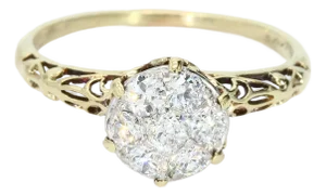 Antique 14k Yellow Gold Filigree Ring & Diamond Cluster Center - Size 7.25