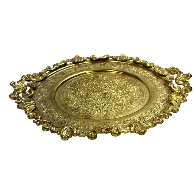 Vintage Ornate Brass Footed Gallery Serving / Display Tray Exceptionally ornate vintage brass tray featuring richly...