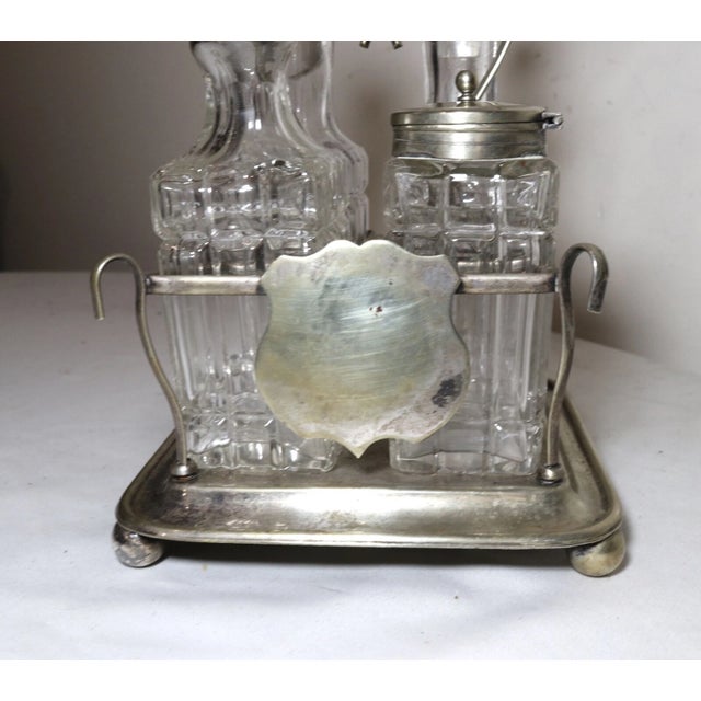 19th Century Antique 1800's Ornate Cut Crystal Nickel Plate Epns Cruet Condiment Set Caddy For Sale - Image 5 of 12