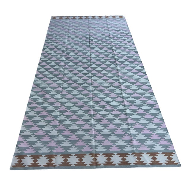 Dark Gray Handmade Cotton Area Rug, Vegetable Dyed, Gray, Pink, Cream and Tan Geometric Dhurrie -6'x12' For Sale - Image 8 of 13