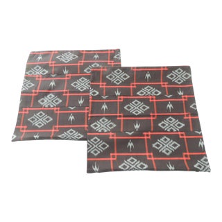 Red & Black Cotton Ikat Pattern Woven Bolster Pillows Covers - Set of 2 For Sale