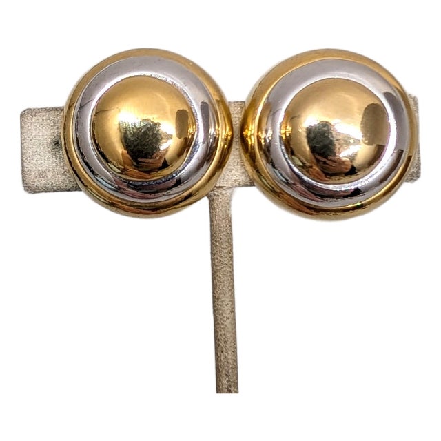 Vintage 1980s Signed Lanvin Paris Goldtone & Rhodium Plated Round Domed Clip Earrings-2 Pieces For Sale