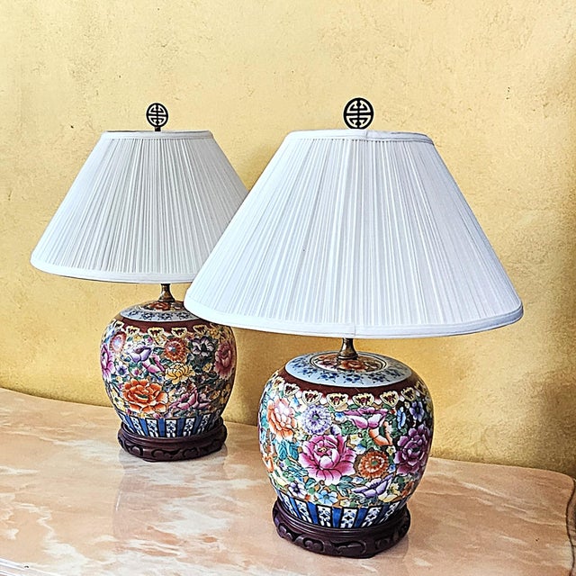 Vintage Hand-Painted Floral Porcelain Table Lamps – a Pair For Sale - Image 11 of 18