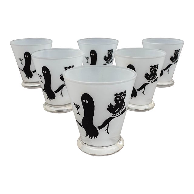 Mid 20th Century Federal Glass Friendly Spirits Ghost Barware Glasses- Set of 6 For Sale