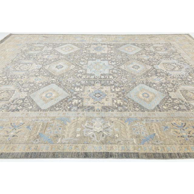Modern Tabriz Style Wool & Silk Area Rug – Slate Grey & Sky Blue Geometric 10x14 For Sale - Image 11 of 11
