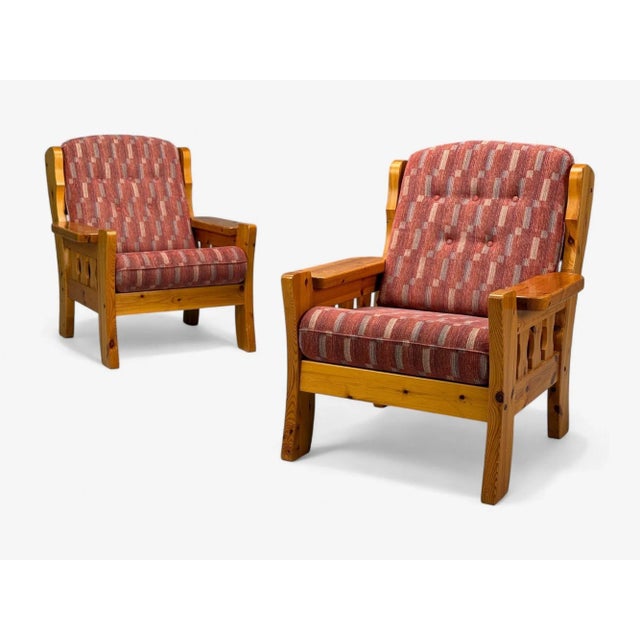 Swedish Modern, Pine, Red Fabric, Brutalist Lounge Chairs, Sweden, 1950s For Sale - Image 4 of 12