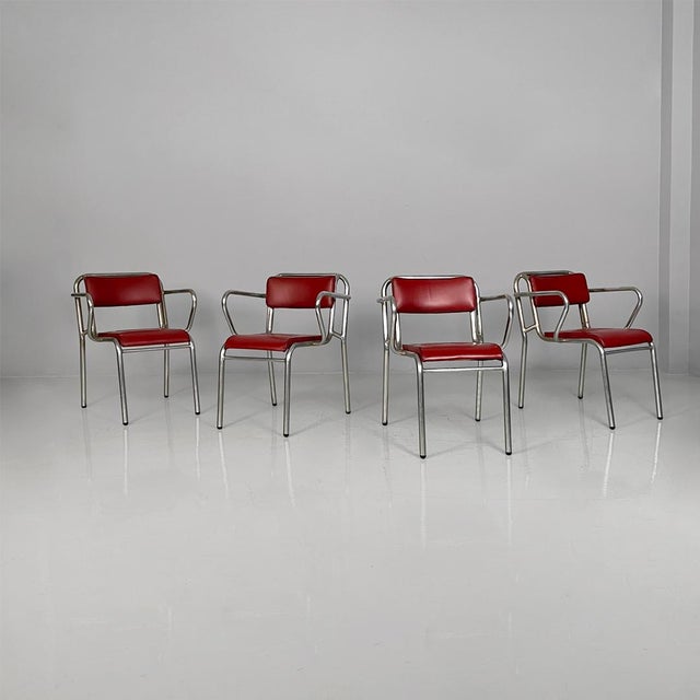 Italian Art Deco Metal and Red Faux Leather Chairs, 1930s, Set of 4 For Sale - Image 12 of 18