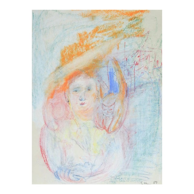 1989 Expressionist Portrait Woman and Bird Pastel Painting For Sale