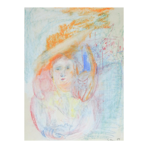 1989 Expressionist Portrait Woman and Bird Pastel Painting