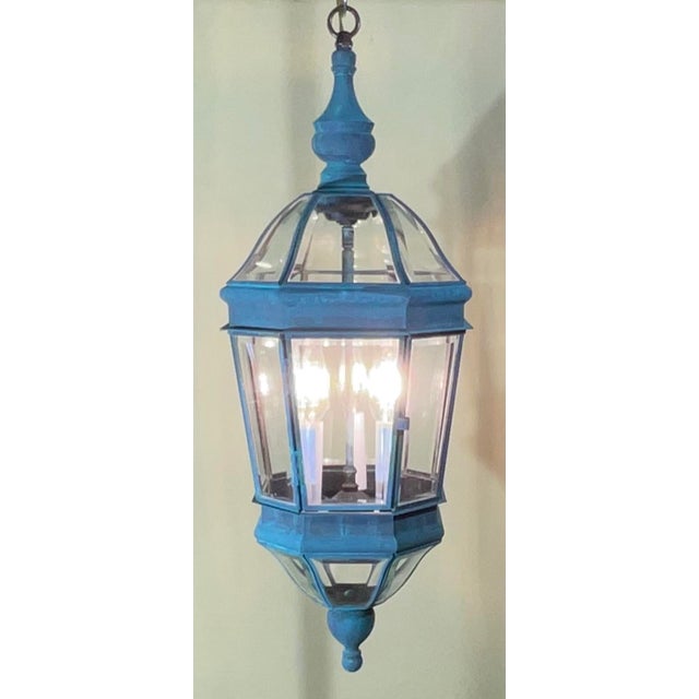 American Vintage Verdigris Solid Brass Hexagonal Hanging Lantern – 29”x 11” For Sale - Image 3 of 14