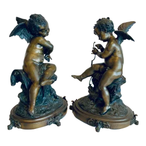 19th Century Antique French Bronze Cherubs Sculpture Pair by Charles Gabriel Lemire