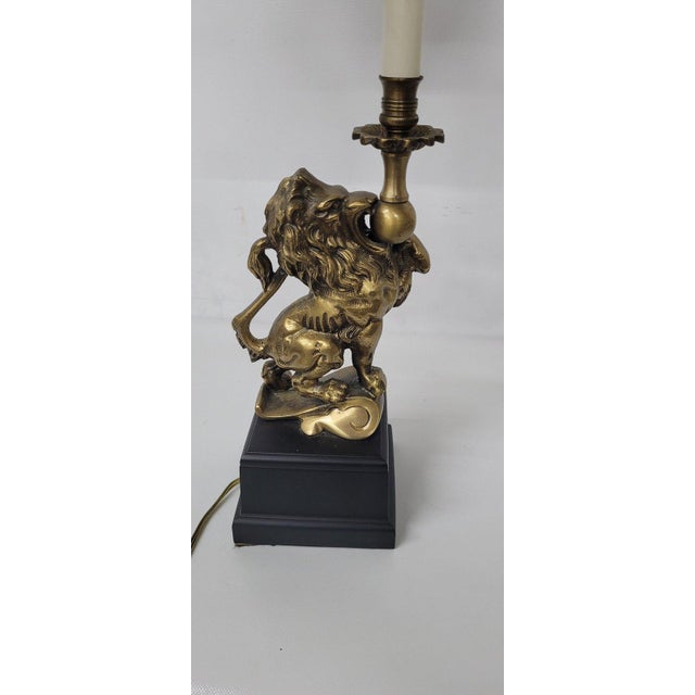 Gold 20th Century Brass-Tone Lion Table Lamp, Neoclassical Black Shade, 28.5 Inch For Sale - Image 8 of 18