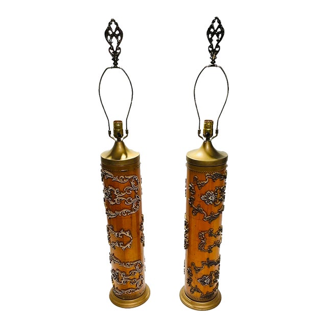 Antique Wallpaper Printing Roller Table Lamps-A Pair For Sale