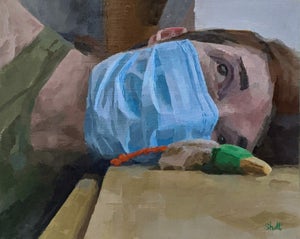 Discomforting Dichotomy by Shelli Langdale | Oil on Panel Portrait of a person with a mask.
