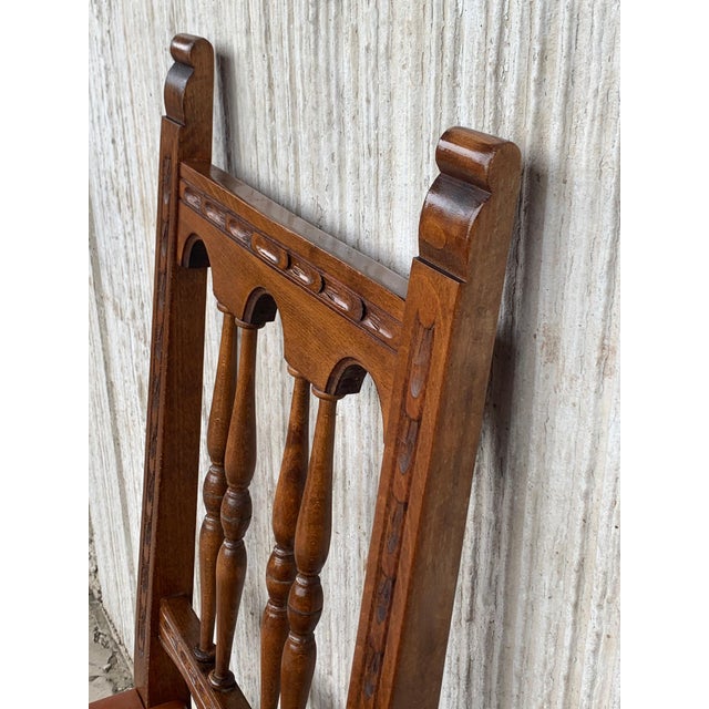 Wood 19th Set of Four Spanish Carved Chairs with Leather Seat and Back For Sale - Image 7 of 18