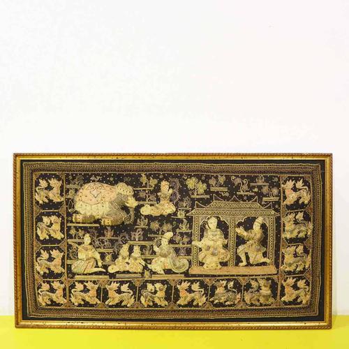Embroidered Burmese Kalaga Tapestry with Sequins in Golden Frame, 2000s For Sale - Image 11 of 11