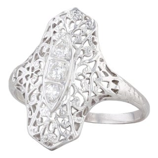Vintage 0.12ctw Diamond 3-Stone Filigree Ring 18k White Gold Size 9.5 For Sale