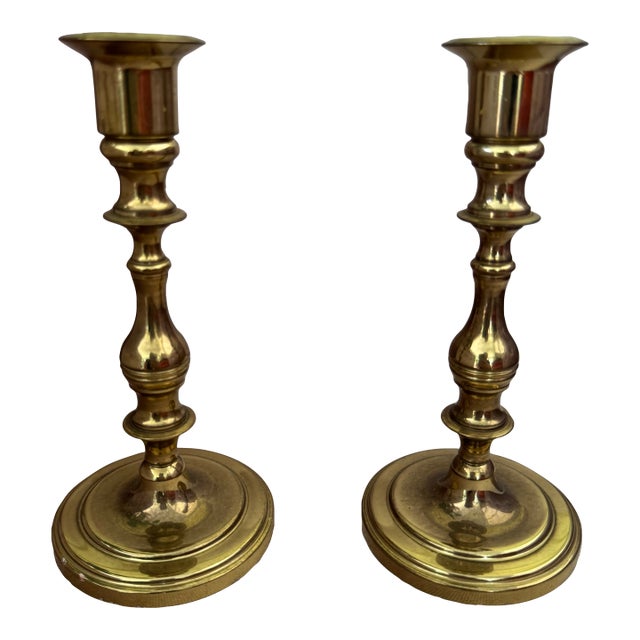 Pair of Vintage Solid Brass Candlesticks Holders For Sale