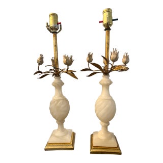 1950s Alabaster Balustraude Gilt Tole Flower Table Lamp - a Pair For Sale