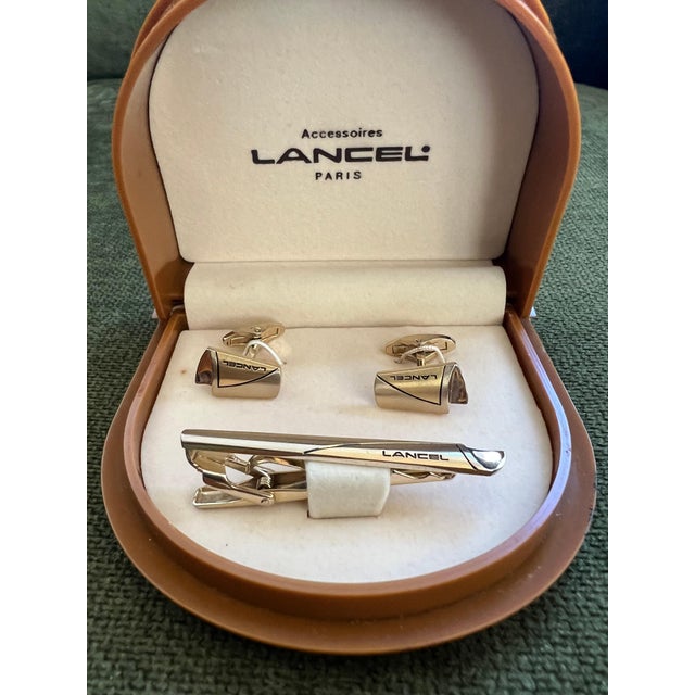 Rare Vintage “Lancel” Paris Gold Plate & Steel Cufflinks & Tie Bar Original Case For Sale In New York - Image 6 of 10
