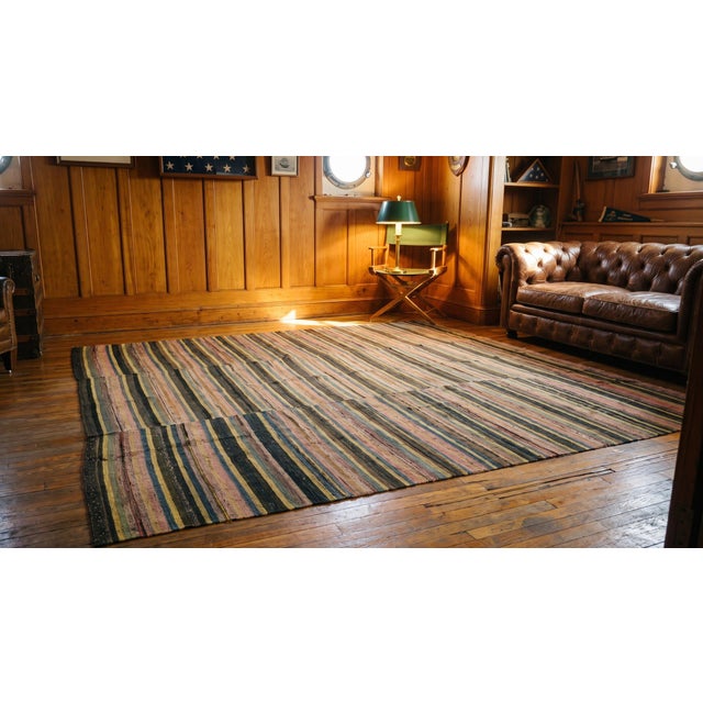Green 1880s Multicolor Stripe Antique American Rag Rug 8'9" X 9'5" Knotted Wool Carpet For Sale - Image 8 of 9