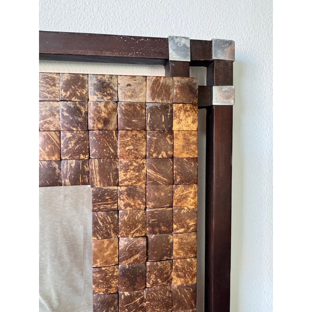 Brown Vintage Coastal Organic Coconut Shell & Wood Wall Mirror With Metal Accents For Sale - Image 8 of 12
