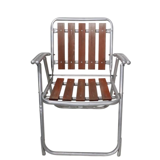 Wood Pr. Vintage Aluminum and Wood Folding Lawn Chairs C 1960/70's For Sale - Image 7 of 11