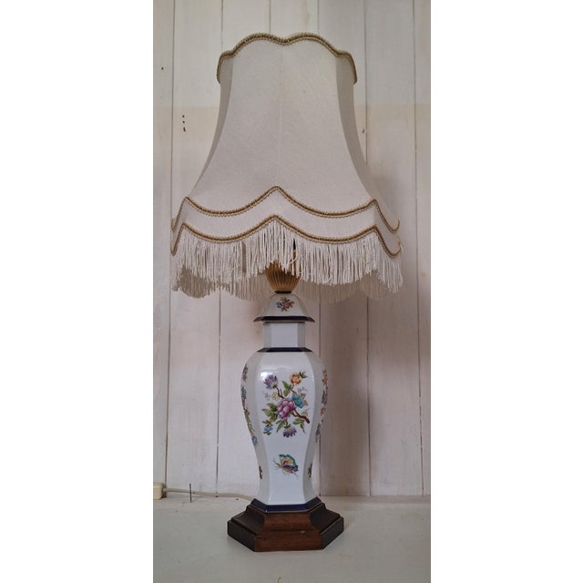 Vintage Table Lamp with Porcelain Base on Linden Wood Base, 1970s For Sale - Image 6 of 7