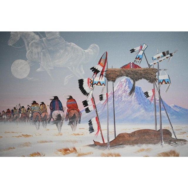 Original vintage painting on canvas by Navajo (Diné) artist Johnny Yazzie (American, 1945–2021). Known for his Southwest...