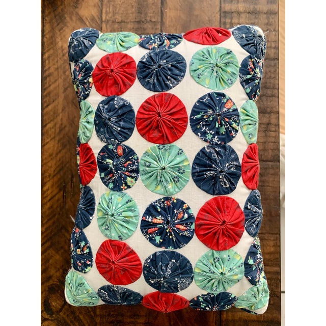 Textile Vintage Yo- Yo Quilted Accent Pillow 13” X 9.5” For Sale - Image 7 of 8