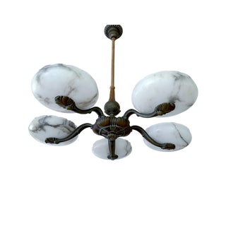 Large Art Deco Alabaster Pendant Light with Marble and Bronze, 1930s For Sale