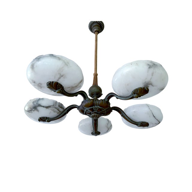 Large Art Deco Alabaster Pendant Light with Marble and Bronze, 1930s For Sale