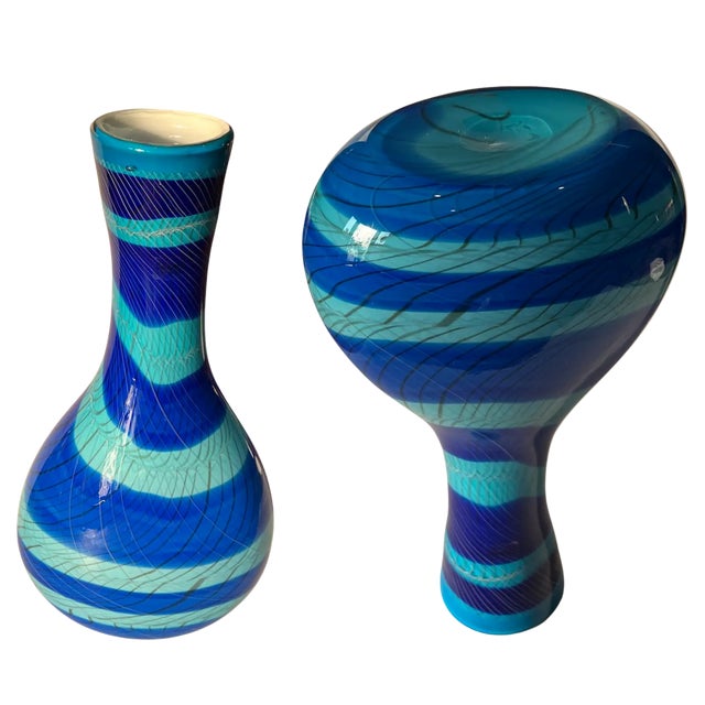 Sasaki Blue Net Pattern Art Glass Vase | Chairish