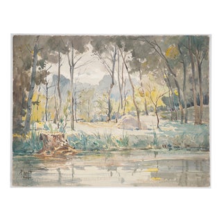 René Leverd, Trees by the Water, Watercolor For Sale