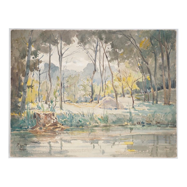 René Leverd, Trees by the Water, Watercolor For Sale