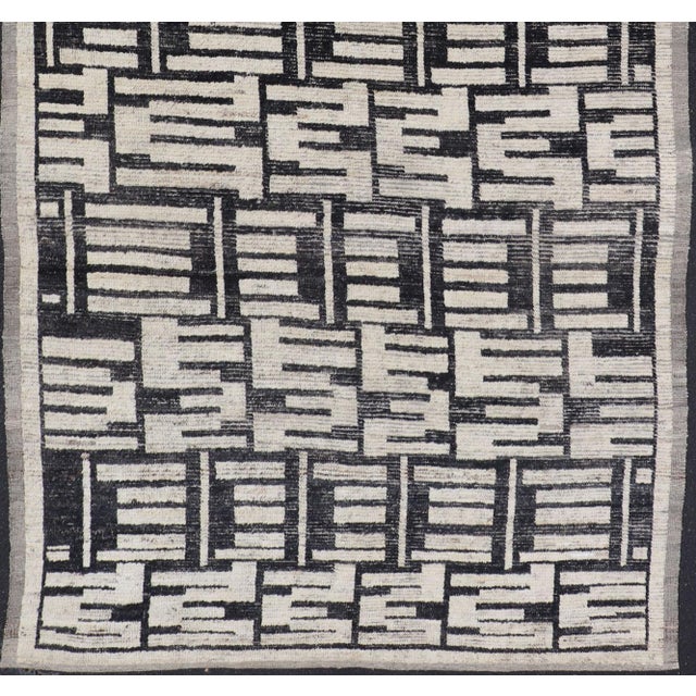 Sub-Geometric Afghan Abstract All-Over Modern Design in Ebony and Ivory 6'7 X 13'0 For Sale - Image 4 of 11