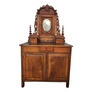 Antique Carved Wood Vanity Dresser With Mirror For Sale