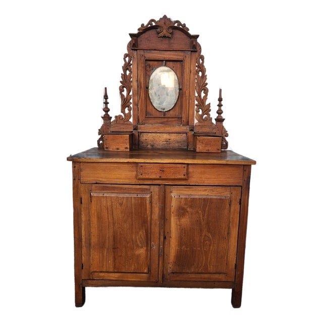 Antique Carved Wood Vanity Dresser With Mirror For Sale