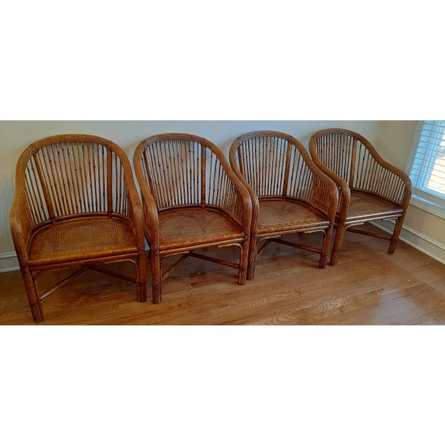 Brown Matching Chinoiserie Bamboo Rattan Cane Club Chairs Set 4 For Sale - Image 8 of 13